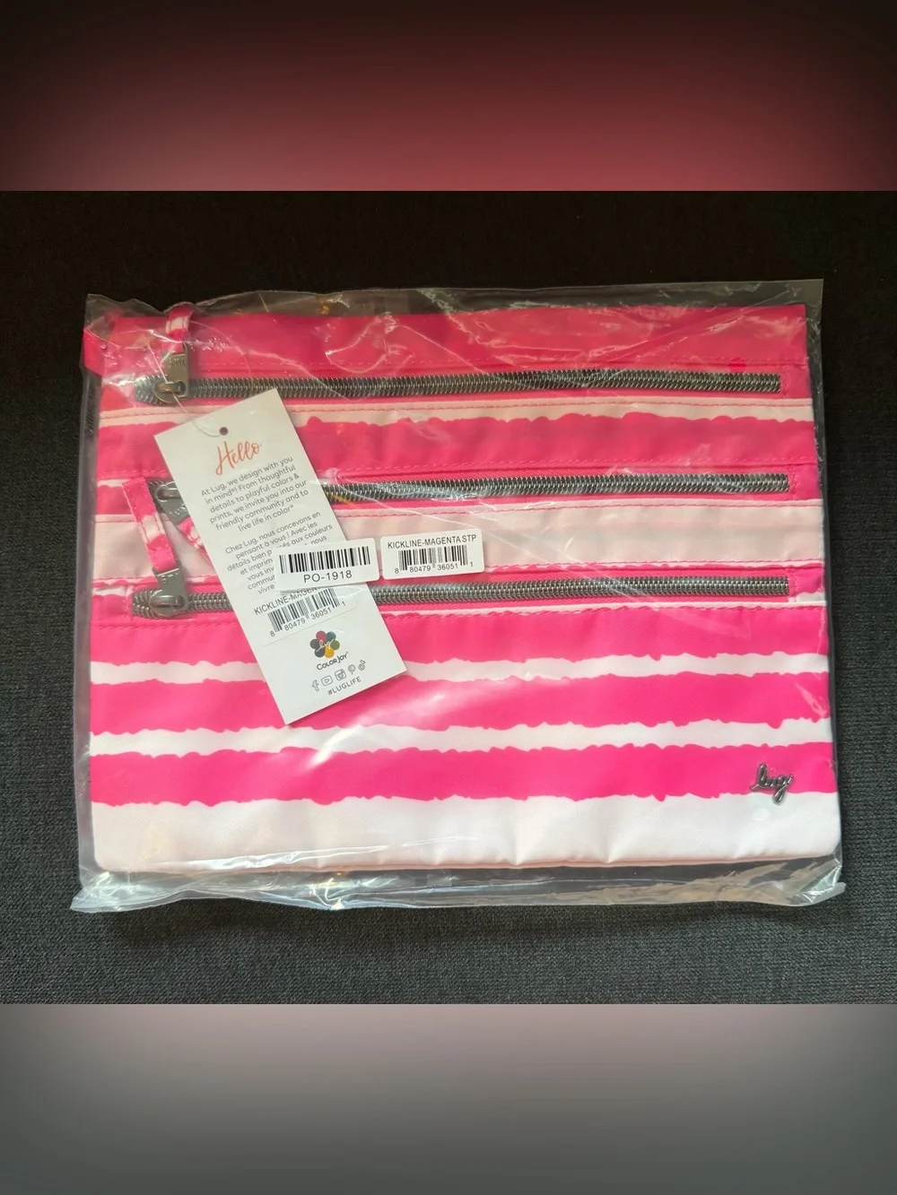 Lug Kickline Triple Zip Storage Pouch Cosmetic Bag Magenta Stripe Hot Neon Pink